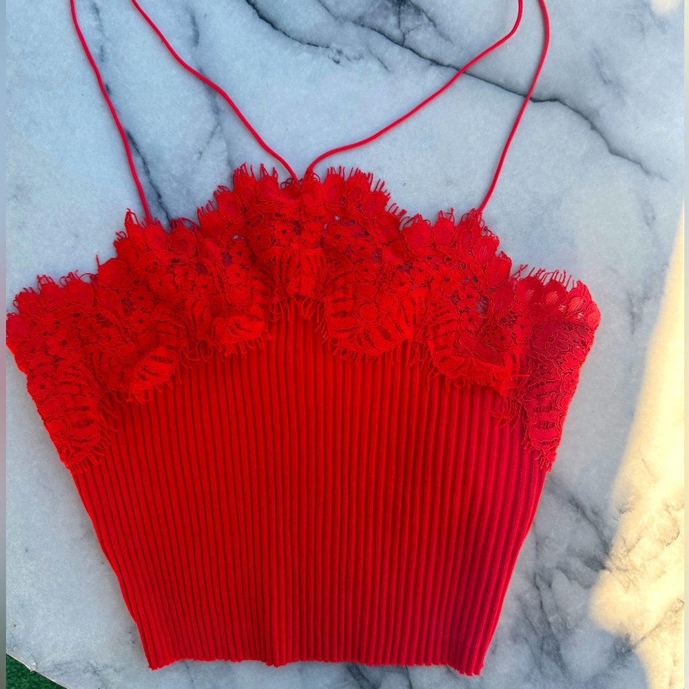 Zara Red Lace-Trim Ribbed Crop Top